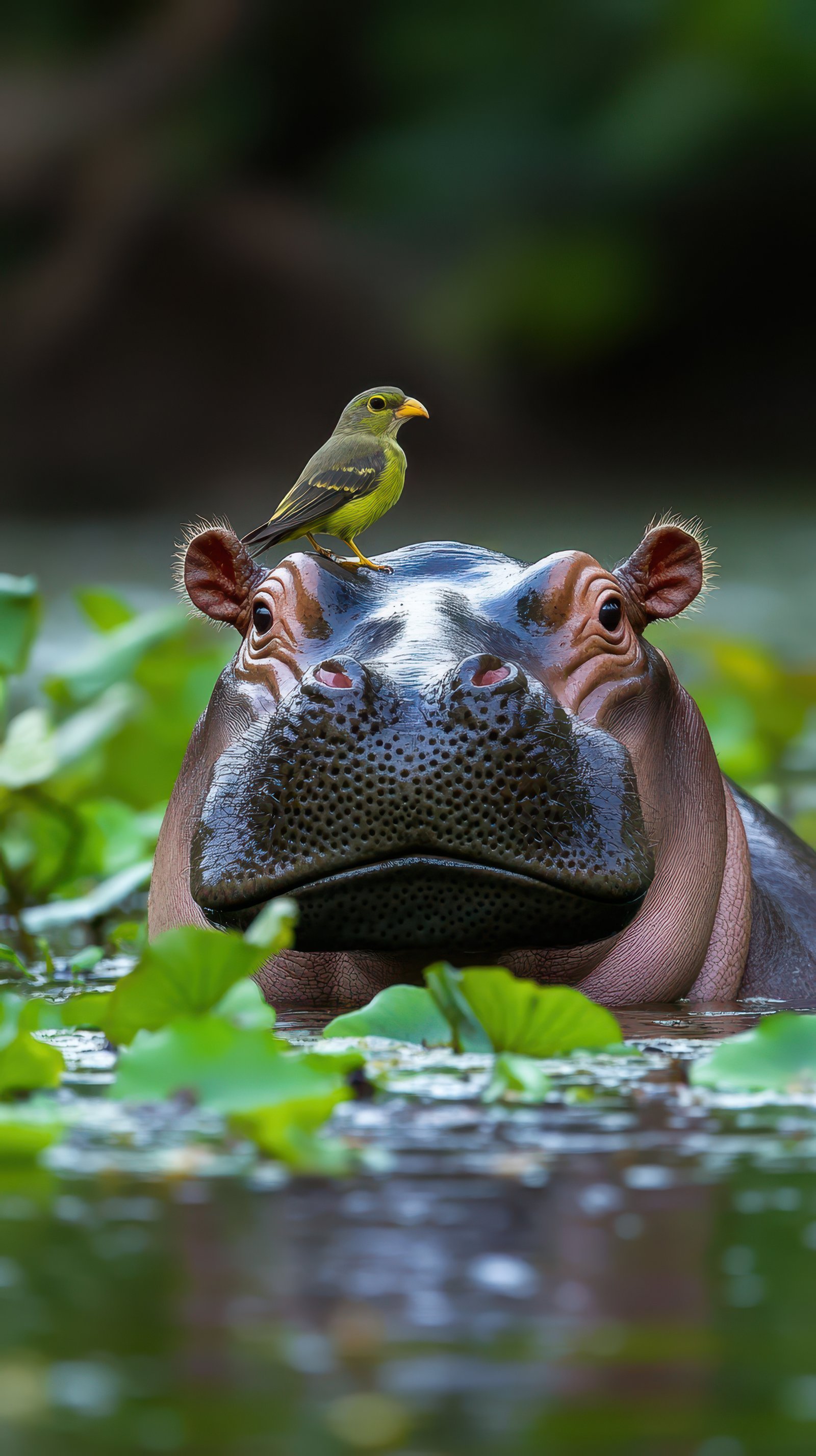 Hippo observes its surroundings as a small bird perches on its head during a calm day in a lush wetland